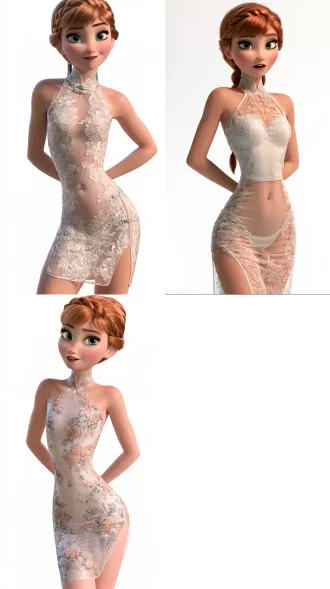 stunningly beautiful anna from frozen, short fitted spandex clear cheongsam, navel piercing, solid white background, hands behind back, elation, 8k