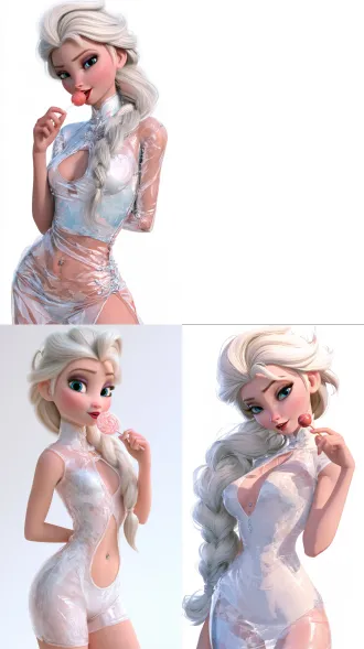 stunningly beautiful elsa from frozen, short fitted spandex clear cheongsam, plunging neckline cut-out, navel piercing, solid white background, enjoying lollipop, elation, 8k