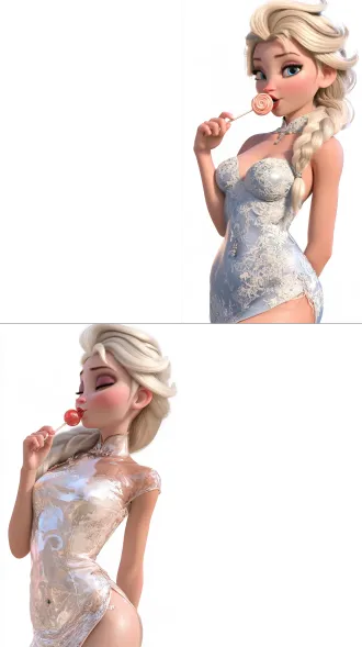 stunningly beautiful elsa from frozen, short fitted spandex clear cheongsam, navel piercing, solid white background, enjoying lollipop, elation, 8k
