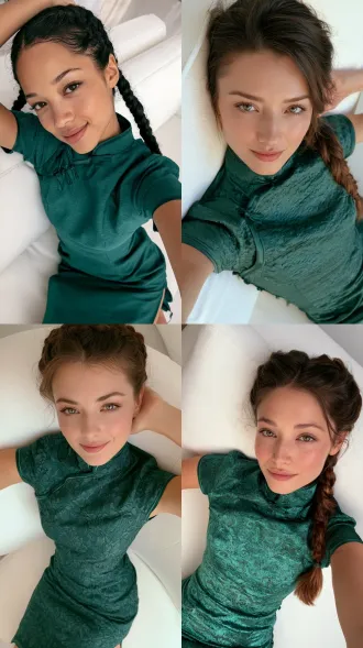 selfie from above angle, stunningly beautiful woman, personal assistant, gentle smile, fitted short emerald green cheongsam, braided hair, reclined on minimalist white sofa