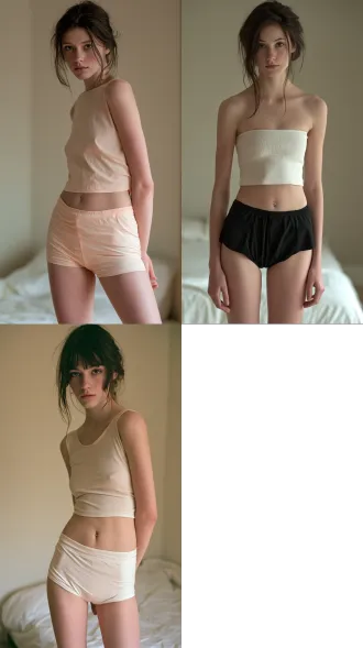 a full-body portrait of a young woman with dark brown hair styled in a loose updo with face-framing strands, looking directly at the viewer with a calm expression. she is wearing a short length swimwear. navel piercing. she is in a minimalist bedroom setting, soft neutral tones, clean uncluttered background, a simple bed with white linens, soft natural daylight, photorealistic, high detail, elegant and modern atmosphere.