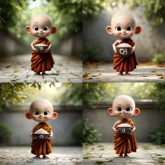 "僧人手持装满米饭的陶碗，米饭颗粒排列成ω符号，寺庙庭院，阳光透过树叶斑驳洒落，柔和自然光，僧人面带平静微笑，身着橙色僧袍，背景虚化，浅景深，微距镜头，温暖色调，禅意氛围，神圣感，细节丰富，高分辨率，宁静祥和，象征智慧与顿悟。"