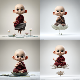 "僧侣莲花坐姿，悬浮莲花，宁静禅意，对称构图，柔光，浅景深，淡雅色调，冥想氛围，超现实漂浮，细腻皮肤纹理，传统僧袍，禅修手势，空灵背景，柔和阴影，高分辨率，神圣感，平静表情，精神觉醒，优雅极简，和谐平衡"