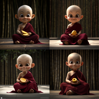 "僧侣享用芒果，宁静庭院，盘腿而坐，柔和阳光，背景竹林，传统僧袍，微笑表情，芒果切片发光，神圣氛围，黄金时刻，浅景深，自然光，温暖色调，禅意构图，慢快门，细节丰富，和谐平静"