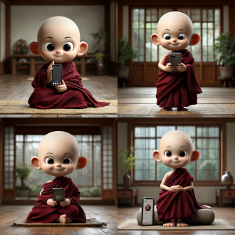 "僧人专注禅坐，手机倒扣在身旁，宁静寺庙背景，柔和自然光，极简主义构图，对称布局，冷色调，浅景深，静物摄影，平和表情，传统僧袍，木质地板，禅意氛围，无干扰主题，象征性元素，高清细节，静谧感"