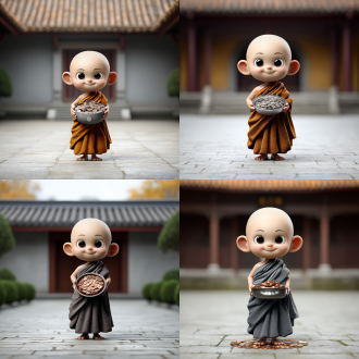 "僧人托钵化缘，钵中硬币形成法轮，对称构图，禅意氛围，寺庙庭院，金色暖光，微距镜头，柔和散射光，静谧安详，传统僧袍，宁静微笑，细节丰富，高分辨率，象征智慧与布施，铜币反光，佛教符号，和谐平衡，深沉宁静。"