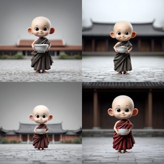 "沉默纳税的僧侣，手持白色化缘碗，表情严肃，寺庙背景，对称构图，暗色调，柔光，长焦镜头，低饱和度，细节丰富，庄严氛围，传统文化元素，静态姿势，中性色，禅意深远。"