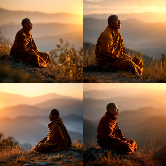 "日出钟声警报，裹着毯子的僧人，盘坐山峰，金色阳光洒落，宁静庄严，僧袍飘逸，闭目微笑，晨雾缭绕，远山轮廓，超广角镜头，逆光剪影，柔和高光，浅景深，暖色调，禅意，平和，神圣感，慢快门，微风轻拂，薄纱质感。"