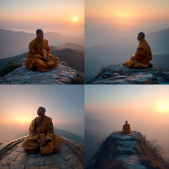 "日出钟声惊醒，裹毯僧人盘坐山顶，禅意氛围，云雾缭绕，温暖晨光，超广角镜头，柔焦效果，低饱和度，静谧表情，褶皱袈裟，金黄与淡蓝渐变色，慢快门，微风拂动，沉思姿态，极简构图。"