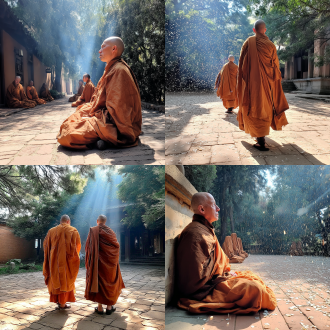 "日出钟声警报，裹毯僧侣静坐冥想，晨光穿透薄雾，寺庙庭院，金色阳光与深蓝阴影对比，极简主义构图，低角度拍摄，85mm镜头，柔和漫射光，宁静氛围，禅意表情，褶皱袈裟，温暖大地色调，超现实漂浮尘埃粒子，慢快门模糊光轨，空灵神圣感。"