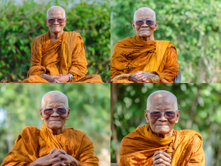 "年迈的僧人穿橙色僧袍戴墨镜，户外坐姿，绿色背景，对称构图，柔和自然光，长焦距镜头，浅景深，宁静禅意，温暖色调，细节丰富，真实质感，阳光透过树叶，微微侧光，平静表情，双手合十，背景虚化，和谐氛围。"