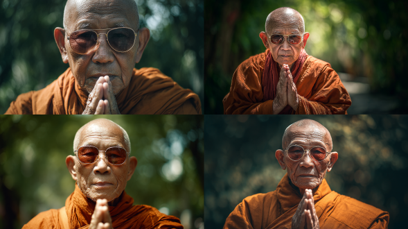 "一位穿橙色僧袍戴太阳镜的老和尚，户外绿背景，对称构图，柔和自然光，长焦镜头，浅景深，禅意宁静，暖色调，细节丰富，真实质感，阳光透过树叶，轻微侧光，表情安详，双手合十祈祷，背景虚化，和谐氛围"