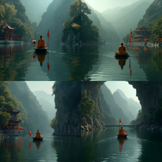 "般若为舟渡迷川，慈悲作楫护河山，菩萨化身立于红旗飘荡的河畔，庄严慈悲，白袍金饰，手持莲花，微笑凝视远方，古典水墨融合现代摄影，广角镜头，柔光，高饱和度，红色与金色主调，神圣感，飘逸衣袂，山水背景，云雾缭绕，红旗舞动，对称构图，超现实风格，宁静与力量并存。"