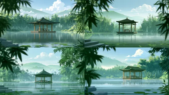 2d国漫赛璐璐动画，狐妖小红娘竹业篇官方动画场景，动画原画截图，干净黑色轮廓线，平涂上色，平视中全景，对称构图 画面中心是湖心四方竹亭 前景：近处平静湖面带细碎横向水纹，漂浮零星青绿色竹叶，画面左右两侧探出虚化深绿竹叶形成自然前景框，左下角露出一小段伸入水面的青灰色石阶 中景：浅棕黄色单檐竹亭，亭柱带竹节纹理，亭内摆放简易竹桌竹凳，四周环绕成片挺拔深绿竹林，竹亭与竹林在湖面形成清晰柔和的倒影 后景：竹林后方层叠浅青色远山，山间笼罩薄薄乳白色水雾，上方淡蓝色晴空点缀几团蓬松白色积云 整体清新冷调青绿色系，硬边赛璐璐阴影，暗部统一冷灰色，柔和天光漫射，静谧仙侠氛围
