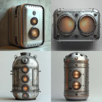 防火盒 modeling, silver industrial style with a simple design, white background with a frontal view, refer to figure 1 for details and figure 2 for the design, industrial environment, macro lens, overhead lighting, high saturation, and a sense of technology.