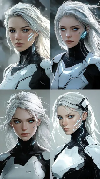 keep the original character face, silver hair, blue eyes, head shape, facial features, shoulder position, bust composition, and rough american comic art style from the reference image. do not change the face, hair, or camera angle. modify only the clothing and armor parts into a pale off-white seamless bionic synthetic shell. the shell should cover the shoulders, chest and torso while keeping the original body silhouette. make the shoulder surface similar to the facial skin tone and texture, soft matte ceramic-synthetic composite, subtle highlights, hand-painted comic brush texture, not glossy plastic, not heavy metal armor. keep only one faint cyan line from temple to jawline. remove extra glowing circuit patterns on the face. simple muted grey textured background. negative prompt: changed face, wrong hair, close-up headshot, missing torso, 3d render, game cg, anime, polished character art, glossy plastic, heavy metal armor, extra glowing circuits, deformed body, ugly, low detail