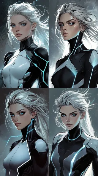 keep the same woman from reference image, preserve her facial features, silver hair shape, blue eyes, head shape and facial proportions. do not change her face. modify only the clothing and armor parts. remove the black high-neck collar completely. remove the blue glowing neck ring. replace all shoulder armor and chest armor with a single pale off-white seamless bionic shell covering shoulders and upper torso. the shell should be soft matte ceramic-synthetic texture, similar tone and subtle highlights as her face. keep only one faint cyan line from temple to jawline. simple muted grey background. different face, wrong woman, deformed body, changed facial structure, black high-neck collar, blue glowing neck ring, mechanical shoulder pads, chest armor plates, separate armor parts, heavy metal armor, glossy plastic, extra glowing circuits, photorealistic photo, anime cartoon, blurry, low detail