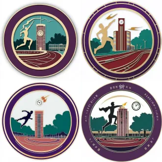 a highly detailed circular school sports festival emblem, perfect circular badge composition, semi-3d enamel emblem craft. the outer ring has a moon-white pearl background with two ultra-thin purple border lines. leave blank space at the top and bottom, no text. the bottom of the inner circle is a curved track, spliced with brick-red and teal-green, with three white track lines, curving upward to form a horizon, fading into a warm-gold morning glow on the right. in the center of the track are two side-by-side semi-circular arches, with dark negative space inside. a warm-gold silhouette of a sprinting teenager is leaping out from the left arch, leaning forward 30 degrees, his back leg morphing into a curled book page, his front foot morphing into a burning torch and three speed lines. above the arches is a tower body with dark red brick vertical texture. the middle of the tower has six slender vertical louver lines extending upwards and overflowing the tower top, transforming into six vertical glowing light bands. the upper part of the tower has a square beige frame containing a white circular stopwatch dial, black cross hands pointing to the upper right, dotted scale marks. above the dial is a row of beige fretwork lines. the tower top is flat with a railing, a thin silver-white antenna pointing straight up, morphing into a torch flame. on the right side of the tower is a low-contrast red brick teaching building silhouette and two dark green tree canopies (white trunks), creating a balanced composition. in the sky, three overlapping thin rings (pale purple, teal green, warm gold). the main color palette is brick red, warm gold, teal green, and moon white, with purple only in thin lines (less than 15%). top-left 45-degree main light, soft inner shadows, edge highlights, high-end gradients. full composition, strong dynamic, breathable negative space. bottom center reserved for small text. crisp vector edges, no text, pure white background, no mockup.