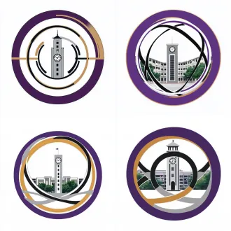 极简校运会圆形徽标，紫色外环，三环互锁，灰色环切为三条平行速度线，中心抽象钟楼，速度线边缘淡暖金，纯白背景，平量矢量，粗黑线条，对称平衡，无文字渐变，负空间设计。
