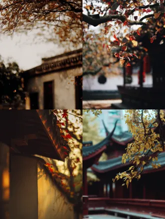 南京老门东一角，远景，秋天乌桕树枝，真实拍摄，写实风格，古建筑背景，红黄树叶，自然光，长焦镜头，浅景深，细节丰富，宁静氛围，暖色调，历史感，微风轻拂，落叶，传统与现代交融，高分辨率，对称构图，柔和阴影。