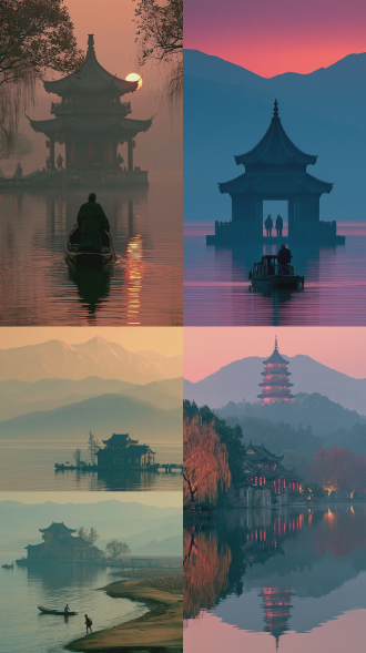 极简唯美道家禅意的西湖烟雨与云南小渔村风景，三分构图，柔和色调，长焦镜头，侧逆光，8k超清，细节丰富。