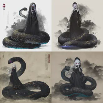 上古神兽巴蛇，人身蛇尾形态，上半身清冷绝美黑衣女妖，银紫色长发垂落，额间蛇形朱砂纹，竖瞳冷冽，下半身漆黑带金纹巨蛇尾，鳞片细腻有光泽，尾尖泛幽蓝暗光，水墨风巫山云雾背景，暗色调光影，国风线稿晕染上色，全身立绘，8k高清