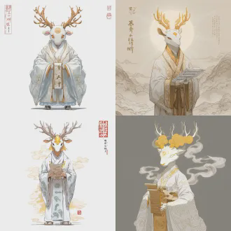角色立绘，上古瑞兽白泽，人身兽首形态，鹿首人身，通体雪白毛发，额间有金色云纹印记，双角温润如玉，眼眸如琥珀般澄澈，身着月白广袖仙袍，衣摆绣有山川瑞兽纹样，手持绘有百妖图的卷轴，背景是云雾缭绕的昆仑仙境，暖金色天光，国风工笔线稿，淡彩晕染上色，全身立绘，比例协调，无多余边框，高清8k