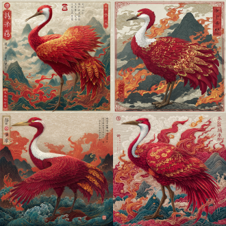 角色立绘，上古神鸟毕方，形似丹顶鹤，通体赤红羽毛带金色火焰纹路，单足挺立，喙如白玉，眼瞳如熔金，双翼展开时缠绕流动火焰，背景是苍莽群山与漫天流火，国风工笔线稿，重彩晕染上色，全身立绘，比例协调，无多余边框，高清8k