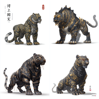 角色立绘，上古神兽狴犴，形似猛虎，威严正气，黑金纹路，鳞片坚硬，眼神锐利肃穆，象征公正明断，国风玄幻，全身立绘，干净背景，高清细节