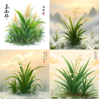 角色植物立绘，上古仙草不死草（养神芝），形如菰苗，丛生三四尺，翠绿长叶，顶端缀淡金灵花，晨露凝为玉珠垂落，根植于莹白琼田，背景是昆仑/祖洲仙雾缭绕，暖金柔光，国风工笔重彩，叶脉/露珠质感极致，全身植株立绘，无多余边框，8k高清