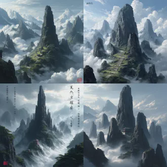 不周山，上古神山，断峰擎天，黑色巨岩，云雾缭绕，仙气磅礴，天柱断裂，残垣耸立，国风玄幻，宏大场景，大气磅礴，高清细节