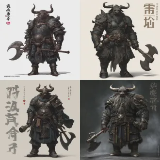 角色立绘，上古战神蚩尤，铜头铁额，牛角狰狞，身披玄铁甲胄，手持战斧，霸气威严，暗黑国风玄幻，全身立绘，高清细节