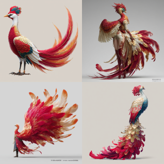 角色立绘，上古神禽鹑鸟，形似五彩凤凰，羽毛赤红金黄相间，尾羽华丽修长，仙气祥瑞，国风玄幻，全身立绘，干净背景，精致羽毛质感，高清8k