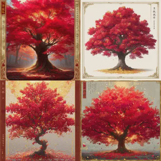 神木立绘，丹木，赤色树干，金色叶片，结满红色仙果，周身萦绕淡金光晕，瑶池仙树，唯美玄幻，全身立绘，精致质感，高清