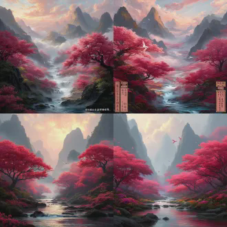 古风场景，丹穴山，赤色山峦，金色霞光，云雾缭绕，仙树繁花，神泉流淌，空灵圣洁，凤凰飞舞，唯美治愈，高清