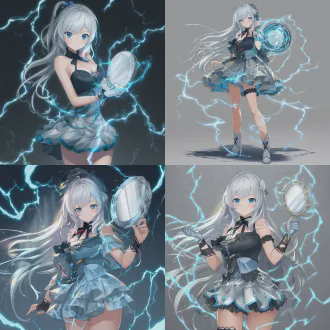 角色立绘，电母拟人，银发蓝瞳神女，身着银蓝雷光战裙，手持雷电宝镜，指尖萦绕闪电，气质清冷凌厉，国风二次元，全身立绘，精致上色