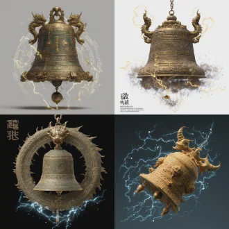 神器立绘，东皇钟（混沌钟），玄黄古铜色，周身刻满星辰云纹与上古符咒，龙形钟耳，钟体悬浮，雷光混沌气环绕，威严磅礴，国风玄幻，器物特写，干净背景，高清8k