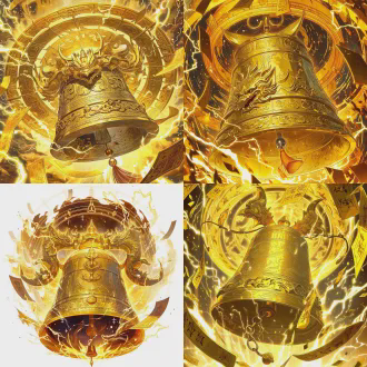 神器立绘，东皇钟（混沌钟），玄黄古铜色，周身刻满星辰云纹与上古符咒，龙形钟耳，钟体悬浮，雷光混沌气环绕，威严磅礴，国风玄幻，器物特写，干净背景，高清8k