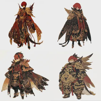 角色立绘，拟人肥遗，赤黑短发，暗金纹路，翼状肩甲，多足长尾，气质邪异凶戾，国风二次元，全身立绘，精致上色，高清