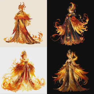 角色立绘，拟人凤凰神女，赤金长发，凤眸威严，身披火焰羽衣，头戴凤冠，仙气与贵气并存，国风二次元，全身立绘，精致上色，高清