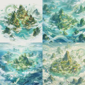 古风仙境，方丈山，碧水环绕的方岛，琼楼玉宇，龙影穿梭云海，仙雾缭绕，神芝吐瑞，仙鹤翩跹，空灵圣洁，唯美治愈