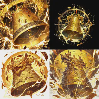 神器立绘，东皇钟（混沌钟），玄黄古铜色，周身刻满星辰云纹与上古符咒，龙形钟耳，钟体悬浮，雷光混沌气环绕，威严磅礴，国风玄幻，器物特写，干净背景，高清8k