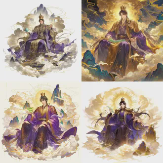 角色立绘，上古天帝东王公，东华帝君，身着紫金帝袍，头戴冕冠，面容威严正气，手持玉如意，端坐于仙山云海，周身金光环绕，国风玄幻，全身立绘，高清8k