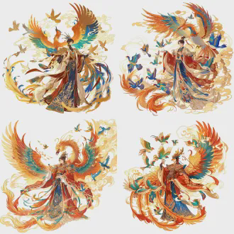 角色立绘，上古神鸟凤凰，五彩羽衣，凤鸣九天，瑞气祥云，高贵圣洁，百鸟朝凤，国风玄幻，全身立绘，精致羽毛，干净背景，高清8k