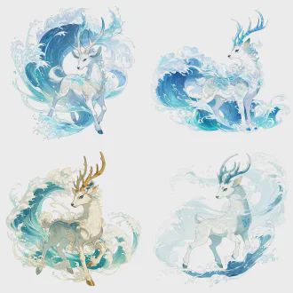 角色立绘，上古神兽夫诸，状如白鹿，四角洁白，周身覆水云灵气，所至则大水，气质清冷圣洁，国风玄幻，全身立绘，干净背景，高清8k
