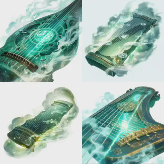 神器立绘，上古神器伏羲琴，玉质琴身，丝弦泛光，刻有先天八卦符文，仙气缭绕，音波可净化心神、定乾坤，国风玄幻，器物特写，干净背景，高清8k