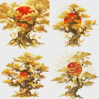 角色立绘，上古神树扶桑，巨木参天，金枝玉叶，十只金乌栖于枝头，红日环绕，霞光万丈，国风玄幻，全身立绘，干净背景，高清8k