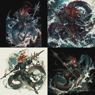 角色立绘，上古水神共工，人面蛇身赤发，掌控万顷洪水，身披玄水战甲，手持水神戟，气势滔天，怒撞不周山，暗黑国风玄幻，全身立绘，高清8k