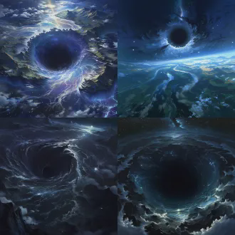 宏大场景，上古归墟，天地万川归流之处，黑洞般深渊巨口，黑水翻涌，日月星辰入内，仙气与深渊气息交织，苍茫神秘，国风玄幻，全景，高清8k