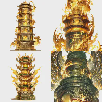 神器立绘，上古昊天塔，九层玲珑宝塔，金光镇妖，符文流转，威严神圣，可降妖伏魔、镇压诸天，国风玄幻，器物特写，干净背景，高清8k